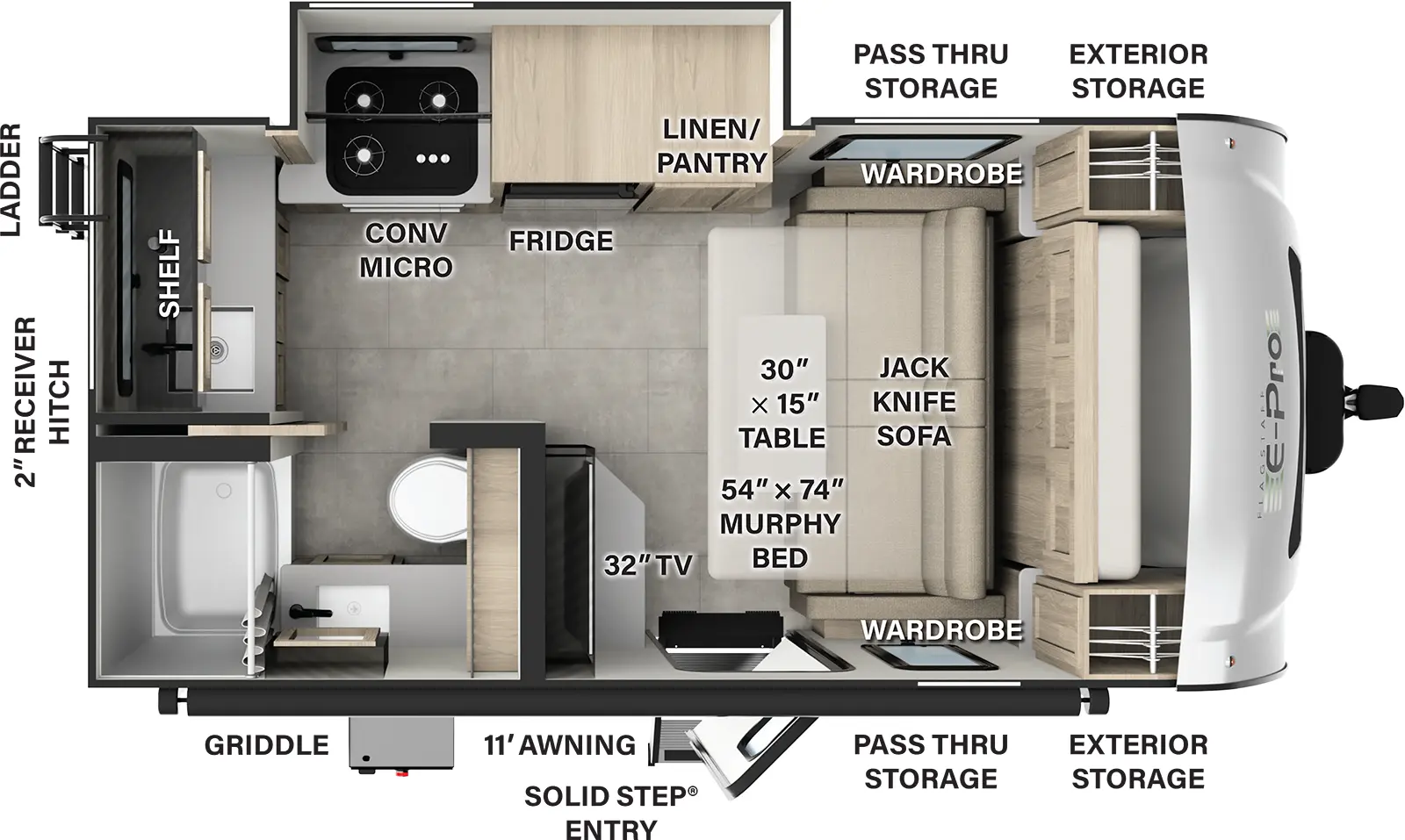 The Flagstaff E-Pro E15FBS has one entry and one slide out. Exterior features include: fiberglass exterior and 11' awning. Interiors features include: murphy bed.